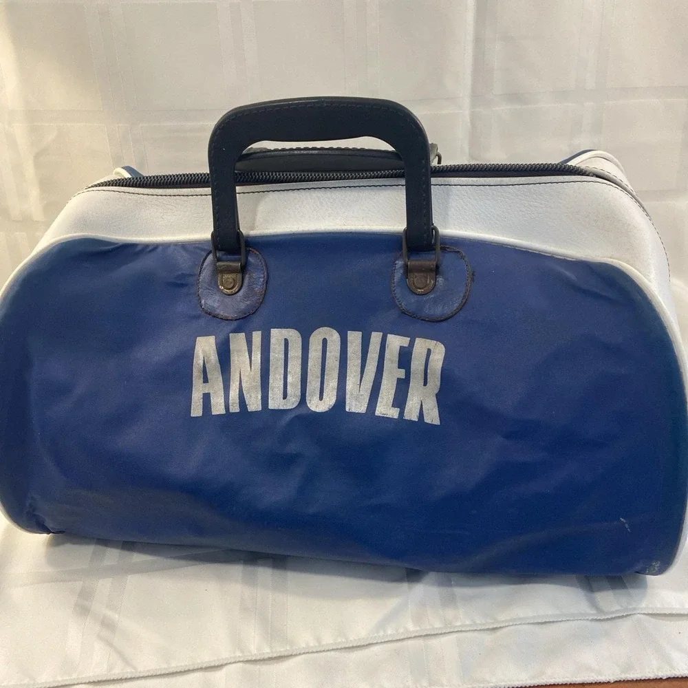 Phillips Andover Vintage Leather Gym Duffel Blue And White With Working Zipper
